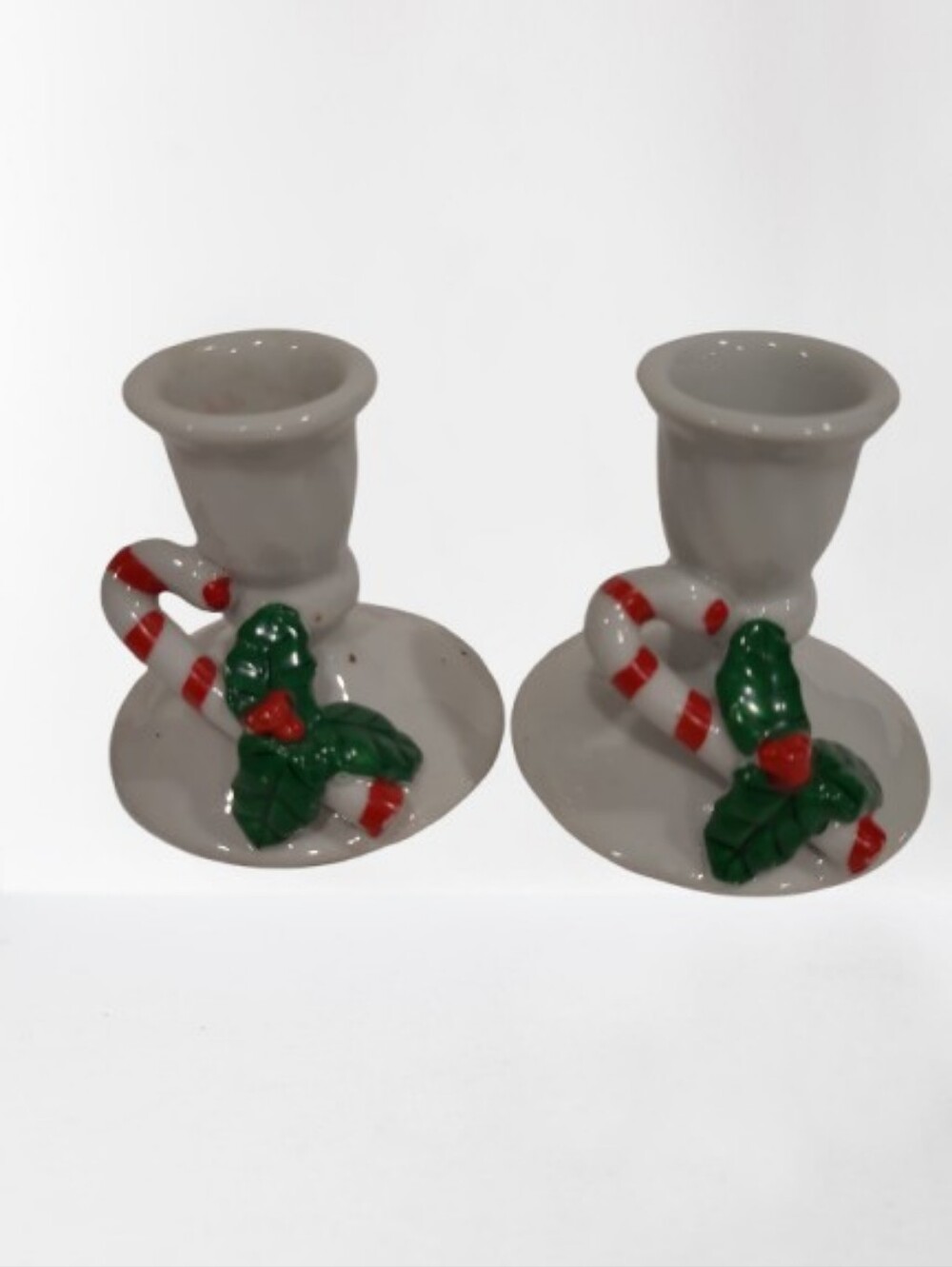 Vintage Porcelain Candlestick set of 2 with Christmas Candy Cane Details